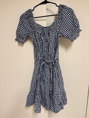 Draper James Navy and White Gingham Off-Shoulder Dress